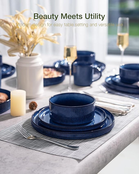 famiware Star Dinnerware Sets, Plates and Bowls Set for 4, 12 Pieces Ribbed Dishes - Chip and Scratch Resistant, Microwave and Dishwasher Safe Tableware, Nebulas Blue