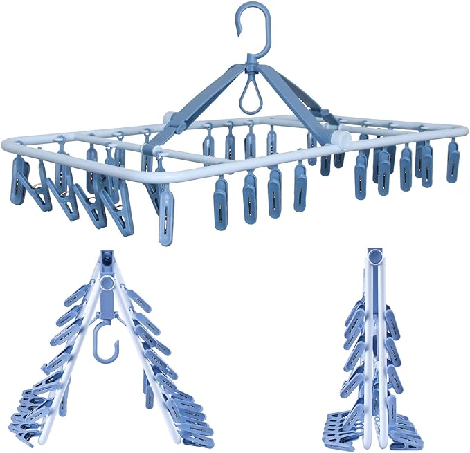 Foldable Clip Hangers Blue with 32Pcs Drying Clips Wind-Proof Hook for Underwear Socks Bras Lingerie Clothes