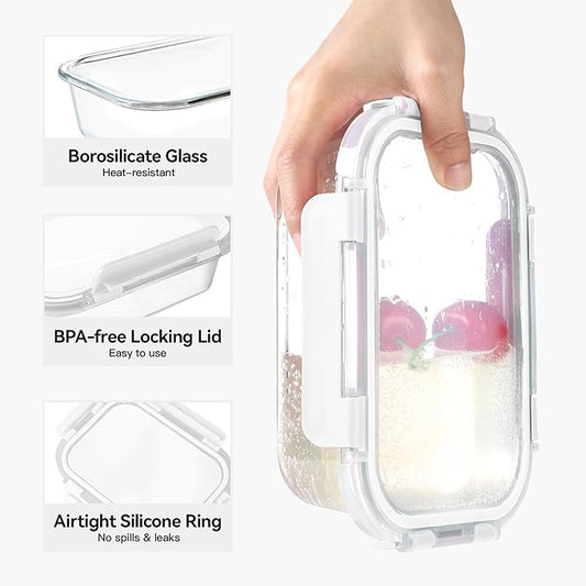 BAYZZ 10 Pack 22 oz Glass Meal Prep Containers, Glass Food Storage Containers with Airtight Lids, BPA-Free, Freezer and Microwave Safe, White