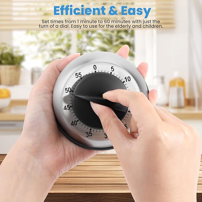 Kitchen Timer for Cooking, Chef Cooking Magnetic Timer - No Batteries Required - Loud Alarm, Mechanical Desk Manual Timers - Magnetic Clock Backing, Countdown Reminder - Stainless Steel Body
