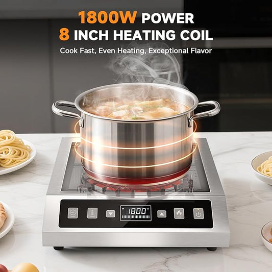 AMZCHEF Induction-Cooktop-Commercial: 1800W Induction Burner with Large 8" Heating Coil, Portable Hot Plate with 8 Temperature & Power Levels, LCD Screen & 10 Hour Timer