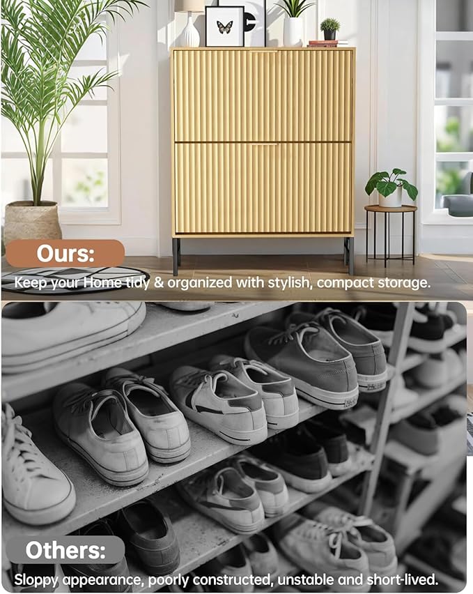 Fluted Shoe Cabinet, Shoe Storage Cabinet for Entryway with 2 Flip Drawers, Hidden Shoe Organizer with Metal Leg, Mid-Century Modern Narrow Shoe Rack for Living Room (Nature)