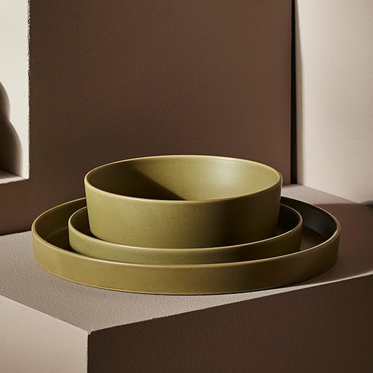 Stone by Mercer Project MODAN 12-Piece Stoneware Dinnerware Set, Plates and Bowls Sets, Dish Set for 4, Green