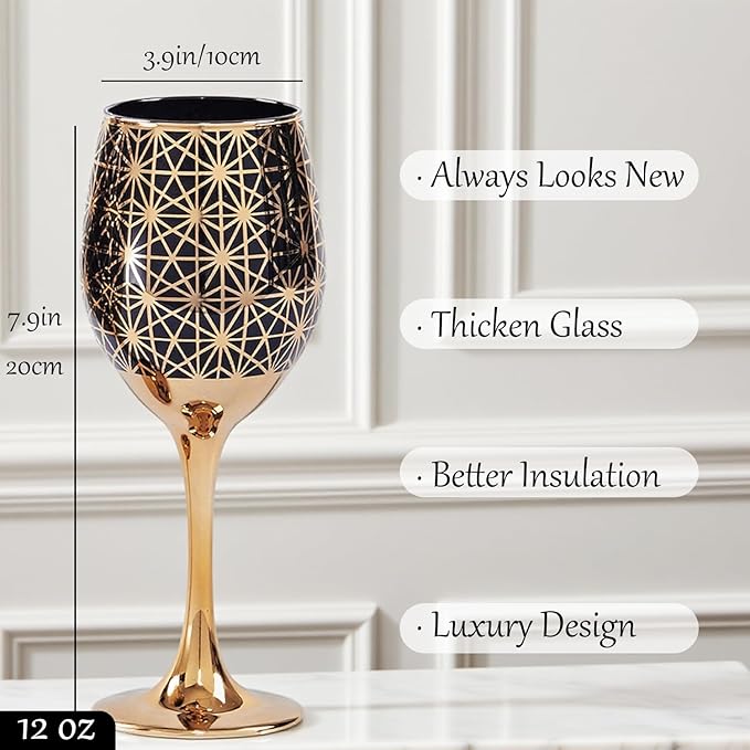 Gold Rim Wine Glasses - 12oz Black and Gold Long Stem Set for Fall, Thanksgiving, Christmas, Housewarming or Birthday Gift (Black, Set of 2)