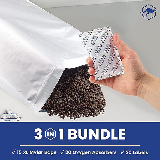 Wallaby 15 Count 5-Gallon Mylar Bags with 2500cc Oxygen Absorbers, 10 Mil Total Thickness Long-Term Food Storage Pouches, 20x30 Resealable Zipper Heat-Sealable Airtight Packaging - Silver