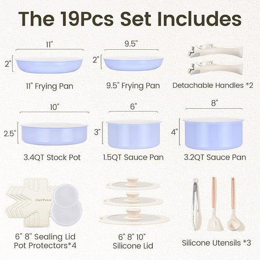 Chef Power Ceramic Nonstick Pots and Pans Set 19 Piece with Detachable Handle, Induction Dishwasher Oven Safe Cookware Set, RV Kitchen Set Removable Handle (Light Purple)