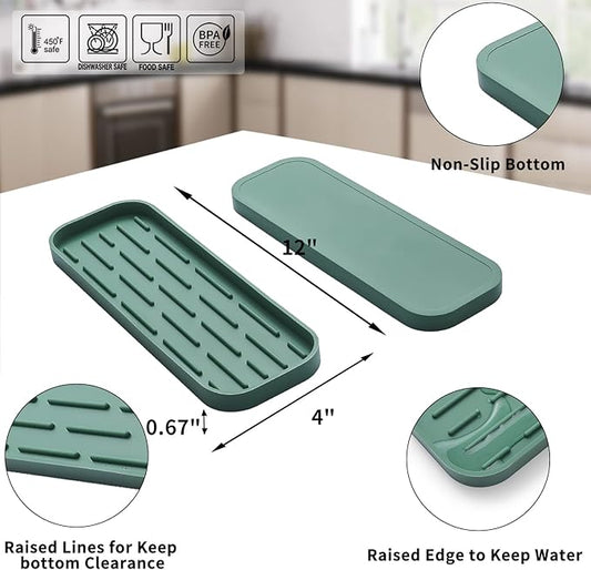 Silicone Kitchen Sink Organizer Tray for Multiple Usage,Eco-Friendly Sponges Holder for Kitchen Bathroom Counter or Sink,Dish Soap Dispenser,Scrubber,Bottle,Cup (Green, 12"Γ4")
