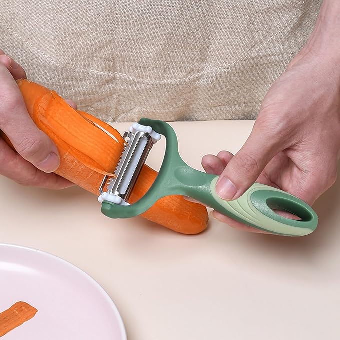 3-in-1 Rotary Vegetable Peeler with 3 Blades - Multi-Function Stainless Steel Peeler & Julienne Slicer - Ergonomic Non-Slip Grip Handle for Potato, Carrot, Fruit, Tomato, Kitchen Gadgets (Green)