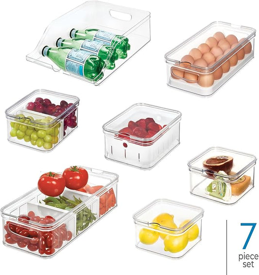 iDesign Crisp 7-Piece Recycled Plastic Refrigerator Organizer Bin Set with Lids, Clear/White