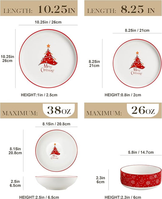 MALACASA Plates and Bowls Sets, 24 Pieces Christmas Porcelain Dinnerware Set for 6, Ceramic Dishware Dishes Kitchen Dining Ware Set, Microwave and Dishwasher Safe, Series LUNA-Christmas Tree