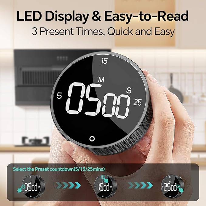 Digital Kitchen Timer, Large Display Magnetic Countdown Countup Timer, 3 Preset Times (5, 15, 25),Volume & Brightness Adjustable for Cooking Classroom Studying, Easy for Kids (Black,2Pcs)