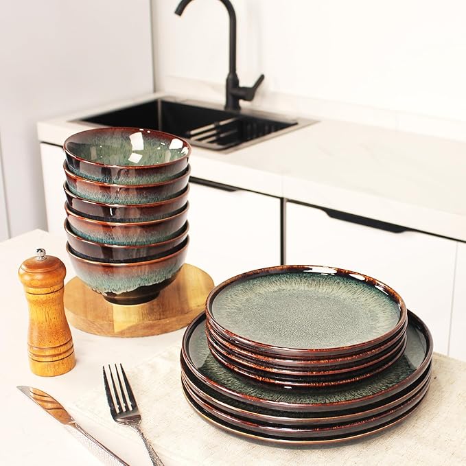 Dinner Set 12 Pieces - Round Reactive Glaze Tableware - Kitchen Dinnerware Porcelain Crockery with Dinner Plate, Bowl and Soup Plate Service for 4, Microwave Dishwasher Safe, Set (No.1)