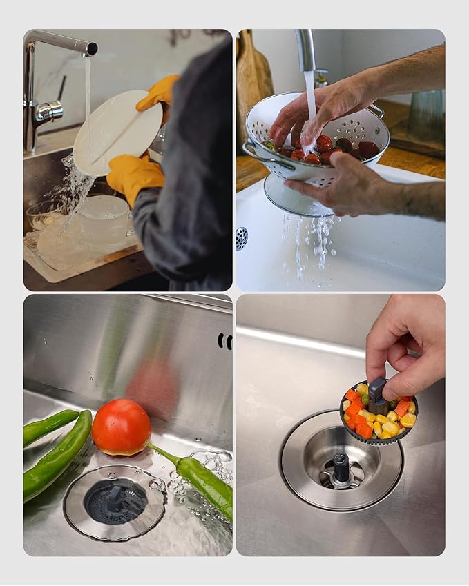 Hibbent 2 Pack 3 in 1 Kitchen Sink Drain Strainer and Stopper Combo, Stainless Steel Metal Pop Up Sink Stopper with Foldable Handle, 6 Anti-Clogging Baskets, Fit for US Standard 3-1/2 Inch Drain