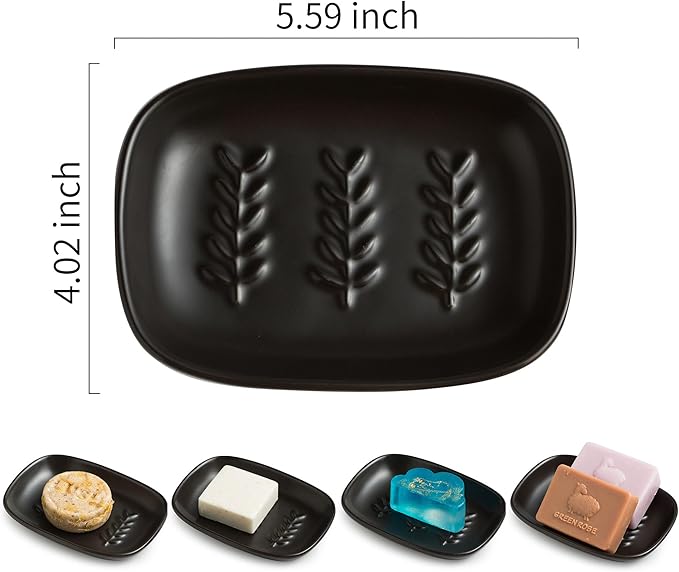 Soap Dish Soap Holder Shower, Ceramic Soap Dishes for Bar Soap Sponge, Shower Saver Tray for Bathroom Kitchen Sink, Raised Leaf Design, Black