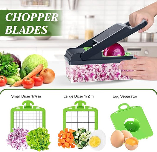 HomeHacks Vegetable Chopper Vegetable Cutter, 12 in 1 Kitchen Gadget, Dicer, Slicer, Onion Cutter, Salad, Cheese Grater & Egg Separator - Multi-Functional Veggie Chopper Lid with Handle (Green)
