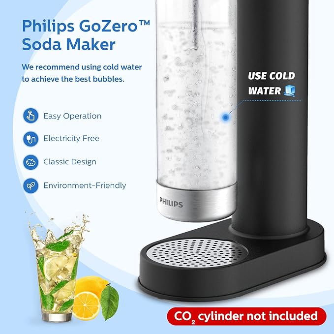 PHILIPS ADD4902BKO/37 Sparkling Water Maker, Soda Maker, Soda Streaming Machine with 1L Carbonating Bottle, Seltzer Fizzy Water Maker, Compatible with Any Screw-in 60L CO2 Carbonator(NOT Included)