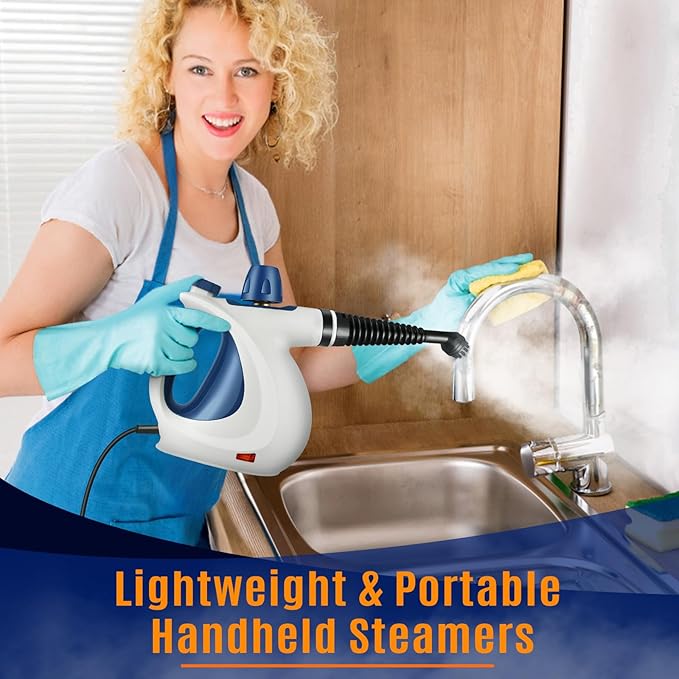Pressurized Handheld Multi-Surface Natural Steam Cleaner with 12 pcs Accessories, Multi-Purpose Steamer for Home Use, Steamer for Cleaning Floor, Upholstery, Grout and Car (White&Blue)