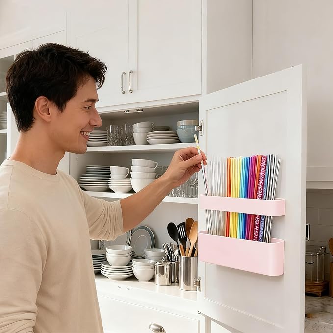 MoodLife 2-Pack Silicone Straw Holder for Cabinet Door,Reusable Adhesive Container for Kitchen Storage Solutions, Cupboard Organizer and Space Saving Hacks (Pink)