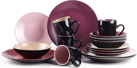 Colors Life 16 Dinnerware Set,Outside Shinny Black + Inside Matte Finished Color Very Berry