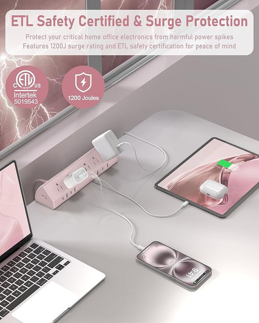 Jgstkcity Desk Clamp Power Strip, 45W Fast Charging Station,4 USB-C, 4 USB-A,1200J Surge Protector,ETL Listed,1875W Extension Cord,Multiple Outlets for Home, Office (Pink, 6 FT Cable)