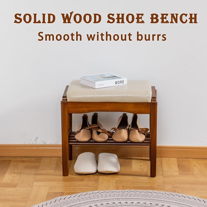 latifolia Small Shoe Bench, Solid Wood Bench with Cushion, 2 Tier Shoe Storage Organizer for Entryway(Walnut,17.71''L)