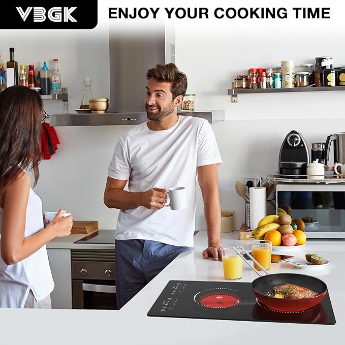 VBGK Electric Cooktop,110V 2100W 2 Burner Electric Cooktop,Countertop and Built-in Stove top with 9 Power Levels,Child Safety Lock, Timer, LED touch control,Overheat Protection