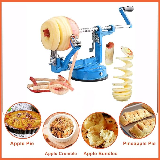 Apple Peeler Corer, Long lasting Chrome Cast Iron Apple Peeler Slicer Corer with Stainless Steel Blades and Powerful Suction Base for Apples and Potato(Blue)