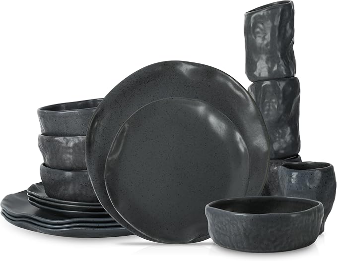 Stone by Mercer Project Atik Modern Stoneware 16-Piece Dinnerware Set, Plate and Bowl Set, Dish set for 4, Charcoal Black Speckled