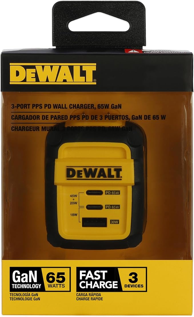 DEWALT Heavy Duty 3 Port Dual USB C Charger Block, USB C Power Adapter GaN Charger (65W), PPS 3-Port Fast Compact Foldable for MacBook Pro/Air iPad Pro Galaxy S23 Dell XPS 13 iPhone 17/16/15