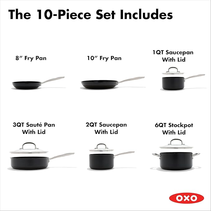 OXO Enhanced 10 Piece Cookware Pots & Pans Set, PFAS-Free Ceramic Nonstick, Durable Hard Anodized Cookware, Scratch Resistant, Stainless Steel Handle, Good Grips, Dishwasher & Oven Safe, Black