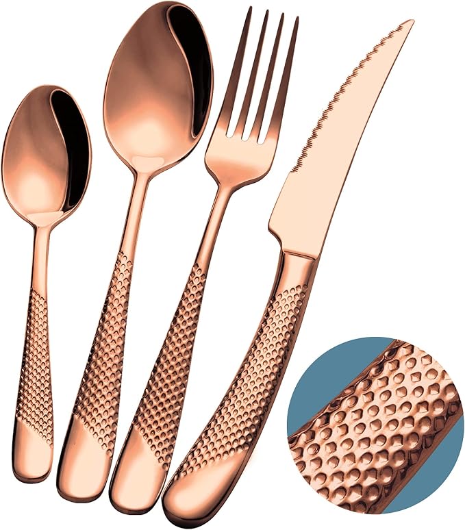 16-Piece Modern Copper Hammered Silverware Set with Ultra Sharp 2-IN-1 Serrated Knife, Rose Gold 18/10 Stainless Steel Flatware Set, Utensil Cutlery Set for 4 Person, Forks Spoons Knives Set