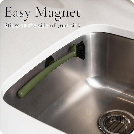 Earth & Mango Magnetic Dish Brush – Dish Scrubber with Built-in Scraper – Snaps to Sink, Dries Fast, Declutters Your Counter (Moss Green)
