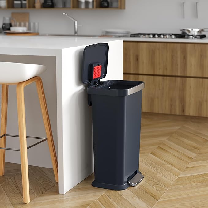 iTouchless SoftStep 13.2 Gal / 50L Step Pedal Kitchen Trash Can with Odor Filter, Stainless Steel Trim Dent-Proof Durable Construction, Garbage Bin with Lid for Home Office, Bedroom, Black Plastic