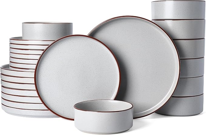 Famiware Nebula Ridge Stoneware Dinnerware Sets for 8, 24 Pieces Plates and Bowls Sets, Dishes Set, Microwave and Dishwasher Safe Kitchen Plates, Light Gray