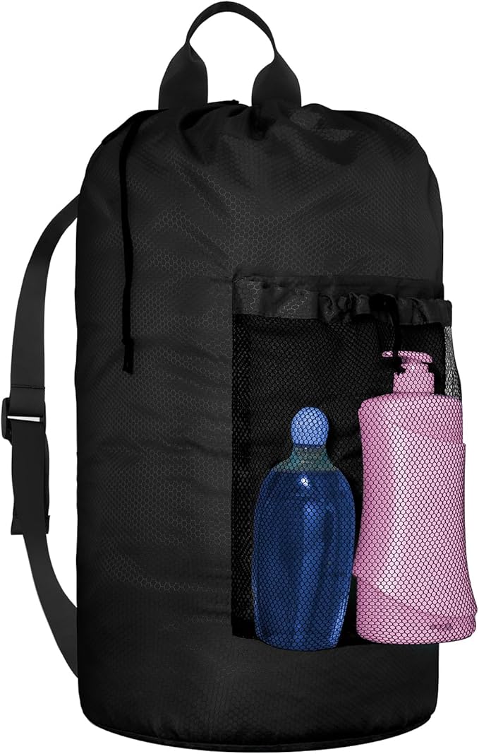 Laundry Bag Backpack Large Travel Laundry Bag with Adjustable Shoulder Straps Portable Laundry Hamper for College, Dorm, Apartment Camp(Black)