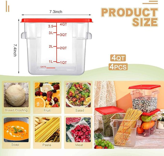 Maxcheck 4 Pcs 4qt Food Storage Container with Lids Bulk Clear Commercial Food Storage Bins with Scale Handle Space Saving Restaurant Tubs for Kitchen Prep Proof Dough Marinating Meat(Red)