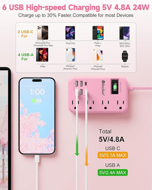 6 USB(2 USB C) Pink Extension Cord- 5Ft Travel Power Strip with 24W USB Charging Station and 4 Outlets, Pink Desk Accessories with Surge Protector for Cute Kawaii Gifts College Dorm Desk