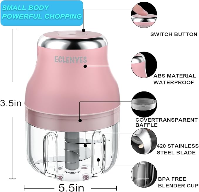Vegetable Chopper, Electric Garlic Chopper, 250ML USB Rechargeable Mini Blender, Powerful Small Food Processor, Blender to Vegetable, Wireless Food Cutter for Ginger, Chili, Fruit, Meat, etc(Pink)