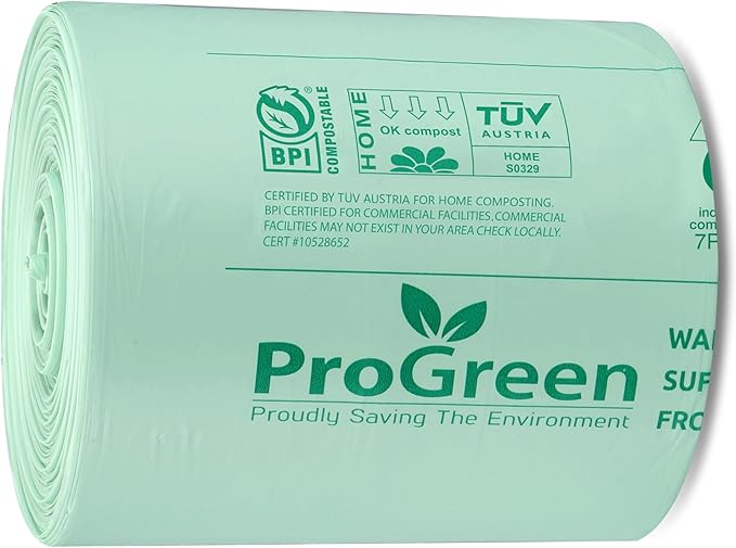 ProGreen Compostable Trash Bags, Extra Thick, Compost Kitchen Bin Bags, Food Scraps Yard Waste Bags, ASTM D6400 BPI and TÜV AUSTRIA Certified (13 Gallon, Pack of 100)