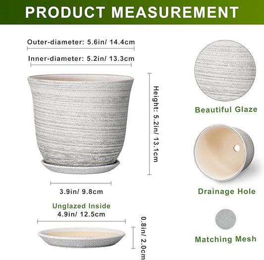Ceramic Pots for Plants - 5.6 Inch Plant Pot with Drainage Hole and Tray, Round Succulents Pots for Indoor Outdoor, Decorative Planters, Home Room Office Decor, Gifts for Plant Lovers, Grey