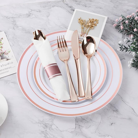 BESTVIP 350PCS Rose Gold Plastic Dinnerware Set, Disposable Party Plates for 50 Guests, Include: 100 Plastic Plates, 50 Pre Rolled Napkins with Rose Gold Silverware, 50 Cups for Christmas, Halloween