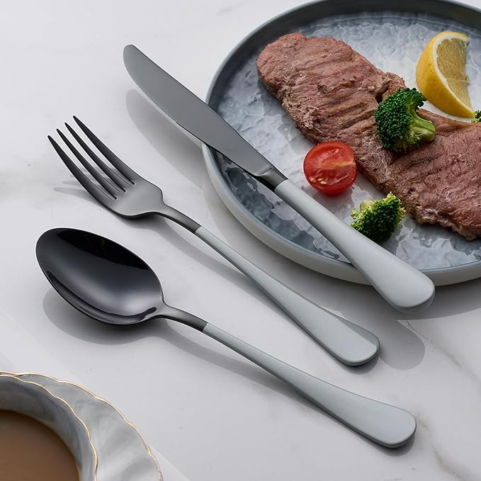 20-Piece Black Silverware Set 18/0 Stainless Steel Flatware Gray Handle Cutlery Set Service for 4 Dinner Knives Forks Spoons Set Mirror Finish Dishwasher Safe
