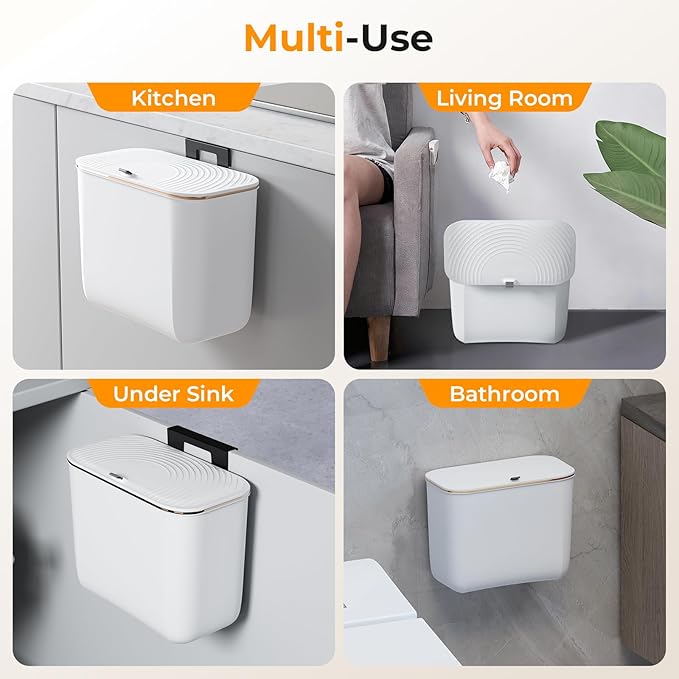 1.9 Gallon Hanging Trash Can - Small Under Sink Trash Can with Lid, Wall Mounted Compost Bin for Kitchen Cupboard Countertop, Odor-Control, Extended Clamping Ring, PET Material, White
