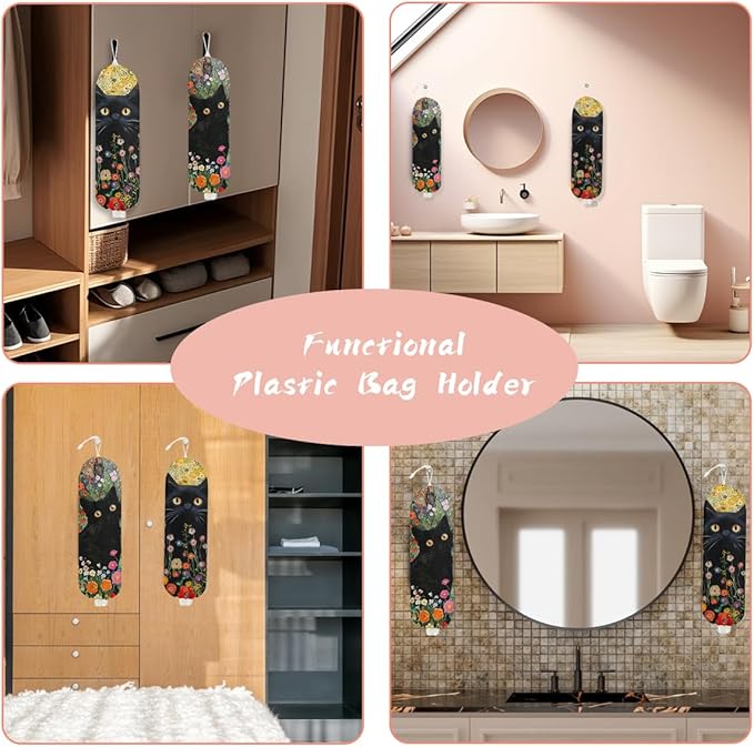 2PCS Cat Plastic Bag Holder, Wall Mount Grocery Bag Holder for Plastic Storage bag, Storage Organizer Reusable Grocery Bags, Pull Rope Free Adjustment, Cat Lover Gifts for Women Mom Sister
