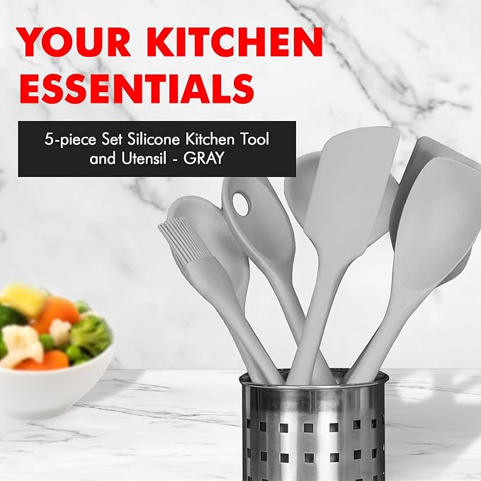 Chef Craft - Premium Silicone Kitchen Tools and Utensils Set, Non-Scratch, Withstands Temperatures up to 450°F, BPA-Free, 5 Piece Cooking Utensils Set, Gray