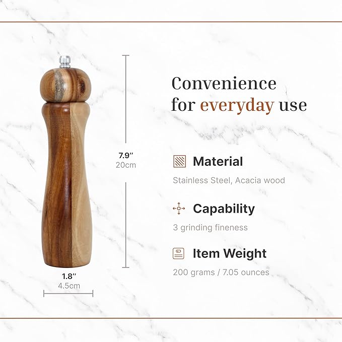 Acacia Light Wood Pepper and Salt Mill Grinder Set with Adjustable Mechanism for Fine, Medium and Coarse Grinding (2 Pack)