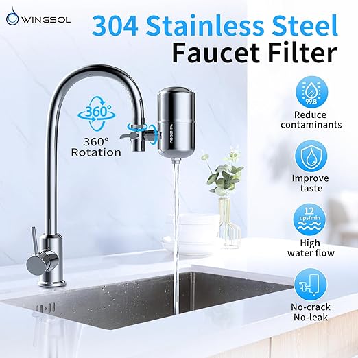 WINGSOL Stainless Steel Water Filter for Sink Faucet, NSF/ANSI 42 & 53, 360° Rotating Tap Purifier Reduces PFAS, Lead, Chlorine & Microplastics, 350 Gallons Long-Lasting for Kitchen & Bathroom