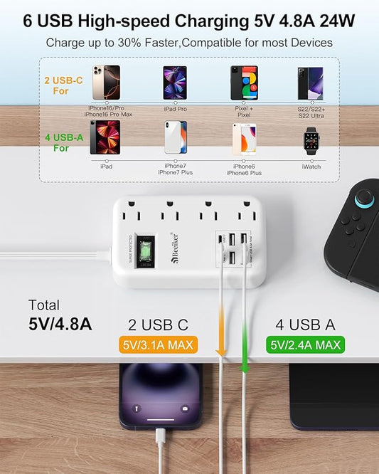 6 USB(2 USB C) Surge Protector Power Strip- 10 Ft Extension Cord with 24W USB Charging Station and 4 Outlets, Long Flat Extension Cord with Multiple Outlets for Travel Home Office Dorm White