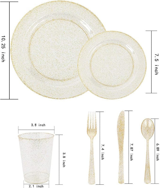 WELLIFE 300PCS Gold Glitter Plastic Plates, Gold Plastic Dinnerware Includes: 50 Dinner and 50 Dessert Plates, 150 Cutlery, 50 Cups for Party