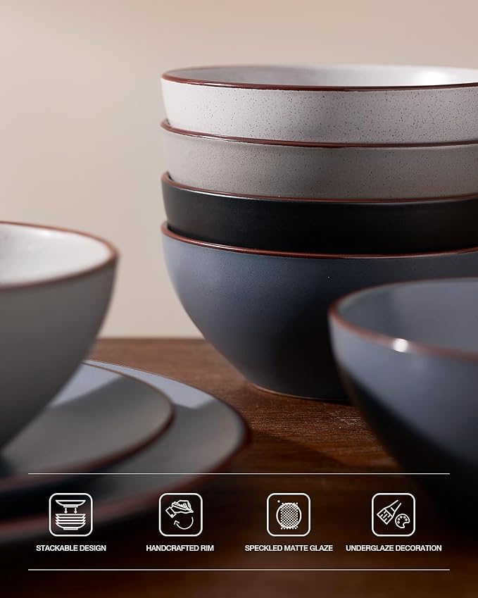 Famiware Venus Plates and Bowls Sets, 12 Pieces Stoneware Speckled Dinnerware Sets, Dishes Set for 4, Microwave and Dishwasher Safe, Matte Multi-color